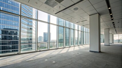 Fototapeta premium Modern office building with large windows, conference area, modernism, glass, cityscape, interior design