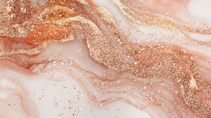 Obraz premium Rose gold glitter marble texture with swirling patterns and sparkling accents on a soft pink background, exuding elegance and sophistication.