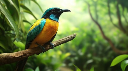 Obraz premium Exotic colorful bird with vibrant blue and yellow plumage perched on a branch amidst a lush, green forest backdrop.