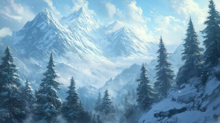 Fototapeta premium Majestic winter landscape featuring snow-covered mountains and lush evergreen trees under a dreamy misty sky, creating a serene and tranquil atmosphere.