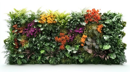 Vibrant tropical garden wall featuring a diverse array of lush plants and colorful flowers on a clean white background.