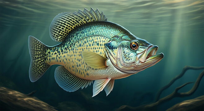 Crappie Fish in the Water, Stream or River, Isolated Nature Wildlife Fishing Angler Illustration