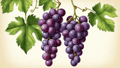 Fototapeta premium Vibrant purple grapes bunch with lush green leaves on artistic background