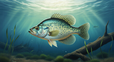 Fototapeta premium Crappie Fish in the Water, Stream or River, Isolated Nature Wildlife Fishing Angler Illustration