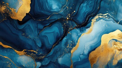 Obraz premium Swirling Blue and Gold Liquid Inks Creating a Harmonious and Abstract Artistic Composition with Rich Textures and Depth