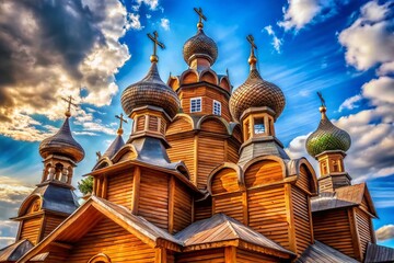 Obraz premium Captivating Bottom View of Ancient Wooden Church Cupolas, Columns, and Arches Showcasing Architectural Grandeur in Stunning 4K Quality for Conceptual Photography Enthusiasts