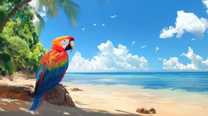 Colorful parrot sitting on a sandy beach with turquoise waters and fluffy clouds, framed by lush palm trees and a bright blue sky.
