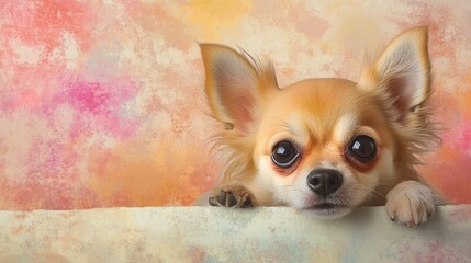 Charming Chihuahua puppy peeking over a pastel background, ideal for creative advertisements, birthday invitations, and customizable designs.