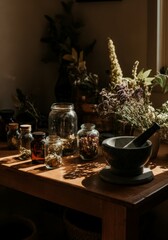 Fototapeta premium Herbal apothecary table with jars, mortar and pestle, and dried flowers in sunlight