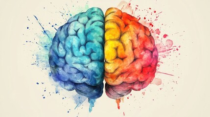 Colorful illustration of a human brain split into blue and orange sections, symbolizing creative and analytical thinking with vibrant paint splashes.