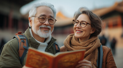 Couple exploring a cultural site while reading a guidebook during a sunny day in a historic city. Generative AI