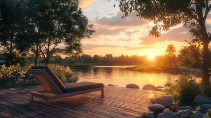 Serene Sunset Over Calm Waters Framed by Lush Trees and a Wooden Lounge Chair on a Rustic Deck