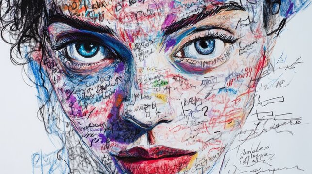 Artistic portrait featuring a close-up of a face with piercing blue eyes, intricately layered with colorful handwritten words and symbols expressing gender identity.