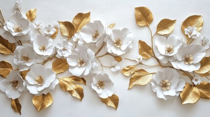 Fototapeta premium Luxurious 3D floral design featuring elegant white blooms paired with golden leaves on a pristine white background, creating a stunning visual contrast.