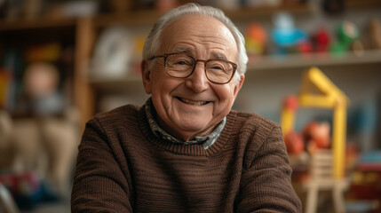 Fototapeta premium Happy elderly man smiling in cozy workspace surrounded by colorful toys and memories in a bright, cheerful room. Generative AI