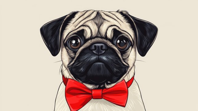 Charming pug with expressive eyes and a bright red bow tie ideal for greeting card designs, showcasing a vertical layout with a soft background.