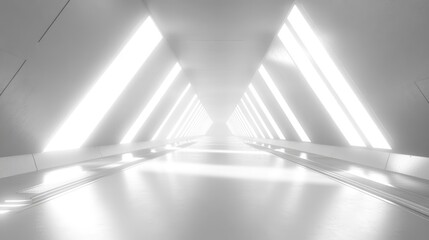 Obraz premium Futuristic abstract corridor with sloped concrete walls and illuminated pathways, showcasing a minimalist design and white LED lighting in a tunnel perspective.