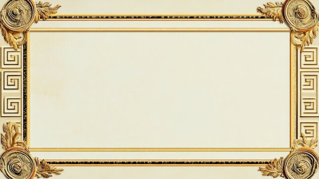 Elegant Gold and Cream Greek Key Border Frame with Floral Accents for Upscale Invitations and Refined Designs