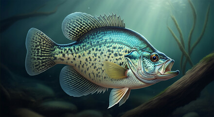 Fototapeta premium Crappie Fish in the Water, Stream or River, Isolated Nature Wildlife Fishing Angler Illustration