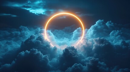 3D abstract cloudscape illuminated by a glowing neon ring and a vibrant geometric shape against a dark, moody night sky