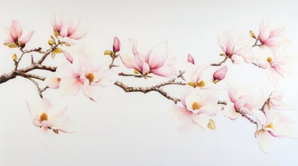 Magnolia branch with pink blooms gracefully stretching across a white background, perfect for a panoramic display with a fresh and elegant aesthetic.