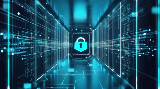 Futuristic digital gateway with a glowing padlock, showcasing advanced security technology and data protection against cyber threats.