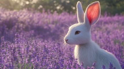Fototapeta premium White rabbit with striking pink ears amidst a vibrant lavender flower field bathed in soft sunlight, creating a serene and picturesque scene.