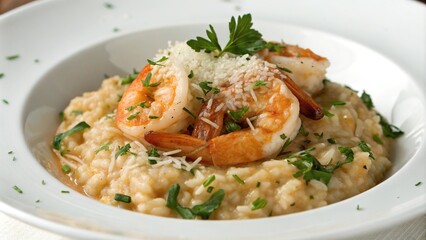Close-up shot of a steaming hot shrimp risotto dish garnished with fresh parsley and parmesan cheese in a white bowl, italian food photography, creamy risotto, garnish, cheese, comfort food
