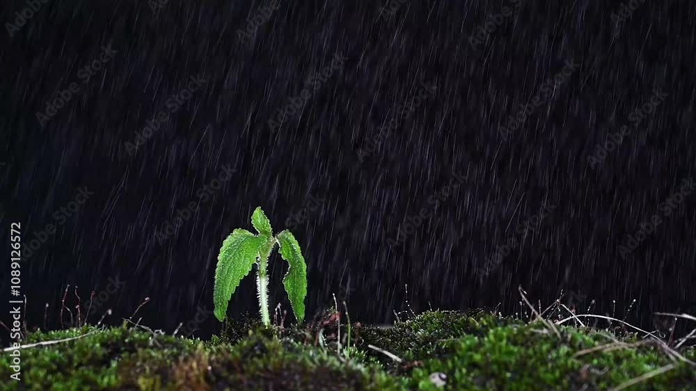 Wall mural Green plant growing in the ground in the rain part 5