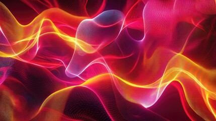 Obraz premium Abstract 3D rendering of glowing lines and neon lights in vibrant red, pink, and yellow hues, creating a mesmerizing psychedelic background reminiscent of a laser show.