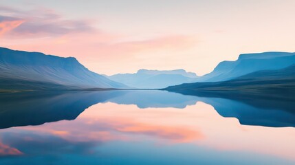 Obraz premium A serene lake reflects the vibrant colors of a picturesque sunset over a mountain range.