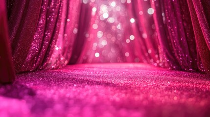 Glittering pink carpet leading into a shimmering backdrop, adorned with sparkling lights, setting the stage for a glamorous film event.