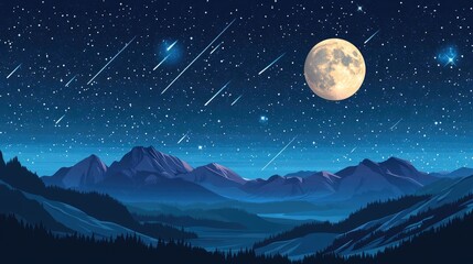 Majestic night sky featuring a luminous full moon, twinkling stars, and shooting meteors over serene mountains and a tranquil valley.