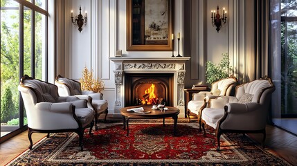 Traditional living room with classic armchairs, Persian rug, and a fireplace.