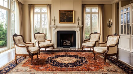 Traditional living room with classic armchairs, Persian rug, and a fireplace.