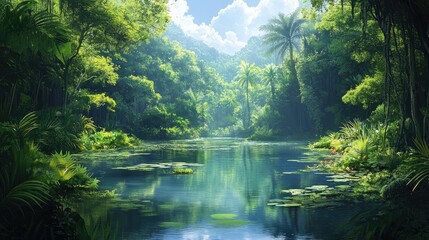 Obraz premium Vibrant tropical landscape showcasing a serene swampy lake encircled by lush, dense jungle foliage and reflected clouds in the clear water.