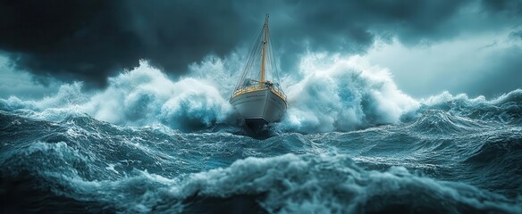 dramatic scene of a boat battling through a stormy sea with wild waves crashing against the hull symbolizing bravery and resilience in the face of adversity
