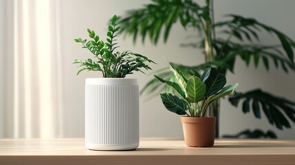 Eco-friendly air filter surrounded by lush plants indoor setting still life natural light sustainable living