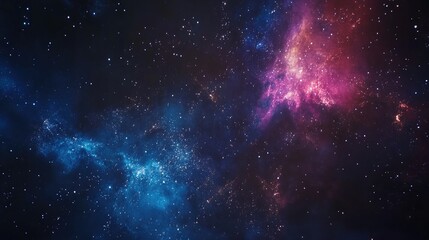 Naklejka premium Vivid cosmic scene showcasing a stunning array of colorful nebulae with deep blues and fiery pinks against a dark starry sky, evoking a sense of wonder.
