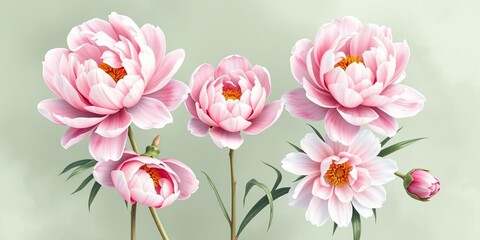 Naklejka premium Watercolor peony flowers in shades of pink and white against a muted green background, pink flowers, organic