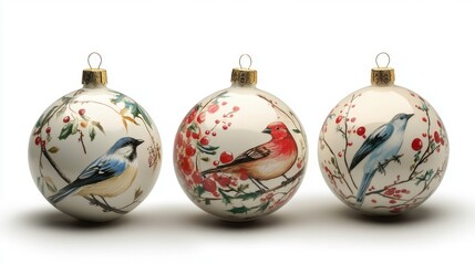 Festive Christmas tree ornaments displaying beautifully painted birds on decorative balls adorned with holly and berries.