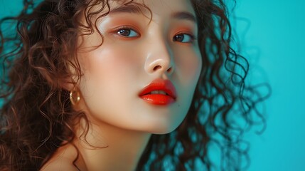 Fototapeta premium A close-up portrait of a woman with curly hair and vibrant makeup against a blue background.