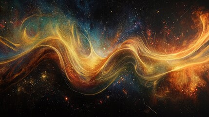 Fototapeta premium Vibrant electric currents flowing through a cosmic expanse, showcasing swirling gold and blue hues against a star-filled backdrop.