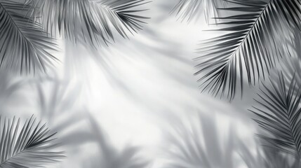 Fototapeta premium Palm leaf shadows intricately overlay a white wall, creating a serene, abstract blurred background with soft, dappled light effects in neutral tones.