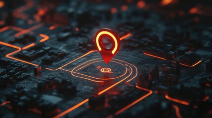 3D city map featuring a glowing locator pin and navigation icon set against a vibrant, illuminated search-themed backdrop.
