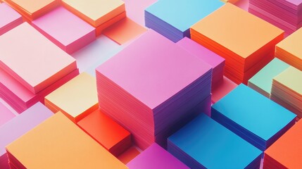 Colorful array of sticky notes stacked in various sizes, ideal for marketing materials and organizational projects. Bright hues create an engaging visual display.
