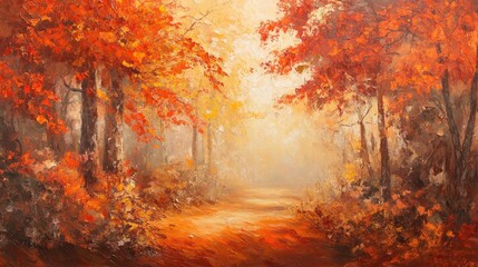 Fototapeta premium Autumn woodland scene with bright orange leaves and soft sunlight creating a warm and enchanting atmosphere along a rustic path.