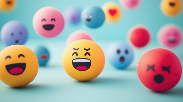 Colorful emoticon balls representing diverse emotions against a soft blue background, illustrating various sentiments like happiness, sadness, and surprise.