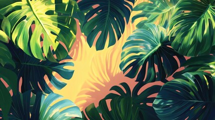 Vibrant illustration featuring lush philodendron and monstera leaves with intricate textures against a warm, glowing background.