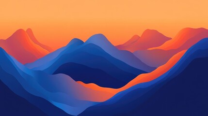 Vibrant digital depiction of a mountain range with striking orange and blue hues, emphasizing layered peaks and smooth contours at sunset.
